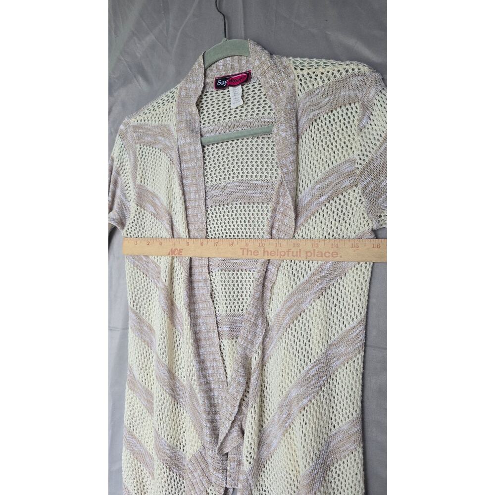 Say What? Cardigan Sweater Juniors Medium Beige Stripe Open Knit Long Sleeve - Picture 6 of 8